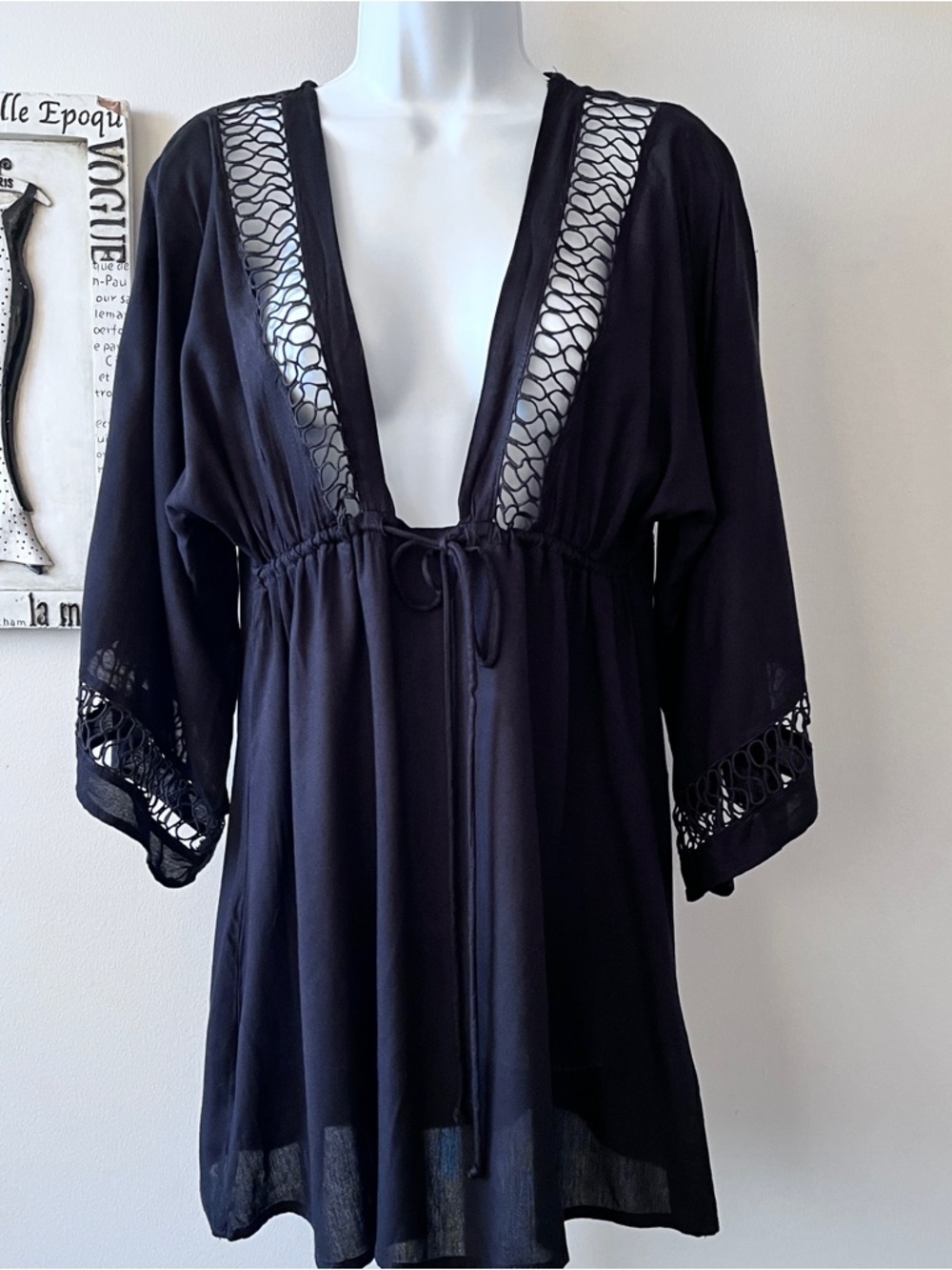 Boho Festival Black Beach Cover-up Vacation Mini Bell Sleeve Dress Size S